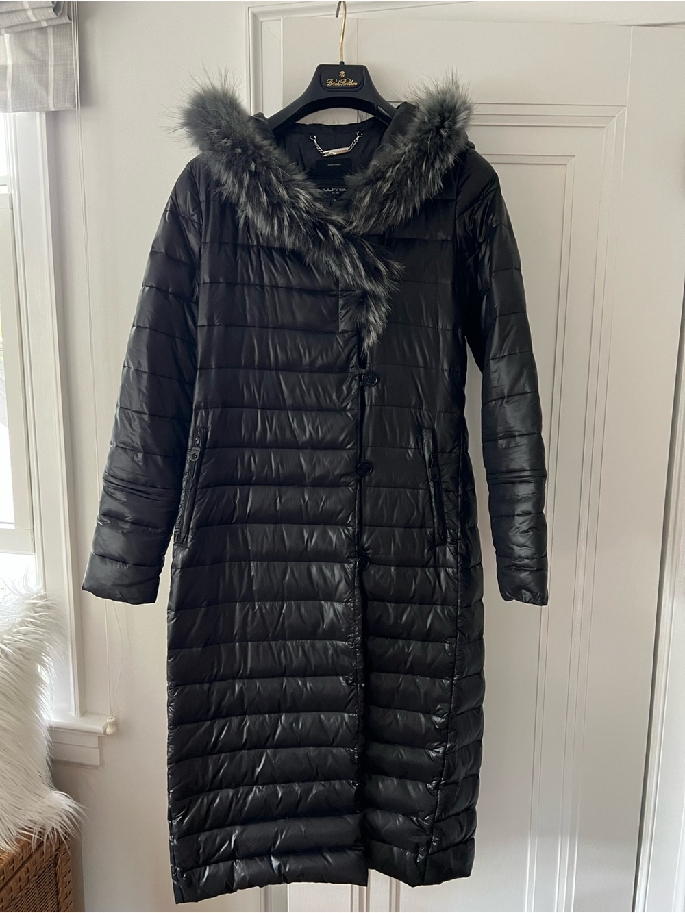 Long Black Quilted Puffer Coat with Fur-Trim Hood